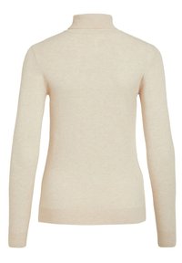 Beige højhalset sweater lavet af blødt, tekstureret stof med lange ærmer og ribkant. Har en t�ætsiddende silhuet med høj hals.