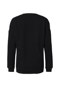 Czarna bluza z okrągłym dekoltem, długimi rękawami i luźnym krojem. Wykonana z miękkiego materiału z ściągaczami przy rękawach i u dołu. Prosty, jednokolorowy design.