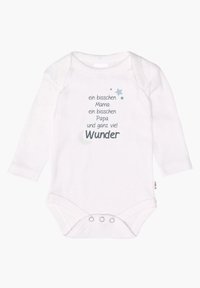 Long-sleeve white onesie featuring printed text and small star and moon graphics. Snap buttons at the bottom for easy dressing.