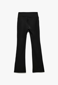 Schwarze, ausgestellte Leggings mit glatter Textur, hohem Taillenbund und ohne sichtbare Hardware oder Muster, von hinten betrachtet.