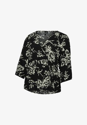 Crna cvjetna wrap majica s tričetvrtinskim rukavima, V-izrezom i naboranim strukom za prilagođeni oblik.