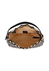 Borsa in tela con motivo astratto nero su sfondo beige. Presenta una chiusura con zip e un interno beige con una tasca.