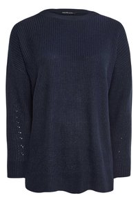 Navyblaue Strickjacke mit herunterhängenden Schultern, offenen Strickdetails an den Ärmeln, Rundhalsausschnitt und lockerer Passform. Hergestellt aus einem weichen, strukturierten Material.