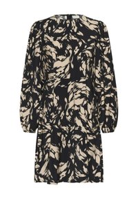 Robe noire courte avec de longues manches bouffantes, présentant un motif abstrait beige et noir en tourbillon. Encolure ronde avec une fermeture éclair au dos.