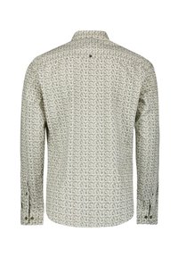 Langarmshirt met een lichtgroen en beige geometrisch patroon, met knoopsluiting kraag, rechte snit en met knopen sluitende manchetten.