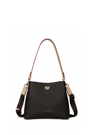 Black textured leather handbag with gold turn-lock closure, top handle, adjustable dark brown shoulder strap, and "bugatti" logo on bottom front.