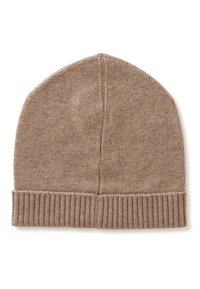 Berretto a maglia beige con risvolto a costine, parte superiore arrotondata e texture liscia. Presenta un design senza cuciture con lievi variazioni di colore.