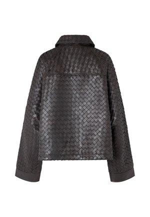 Woven leather jacket in dark brown, featuring a loose fit, wide sleeves, and a classic collar. Textured pattern across the surface.