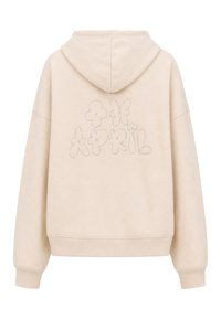 Sweat à capuche beige à manches longues avec texte beige et formes de fleurs brodées formant "April" au dos.