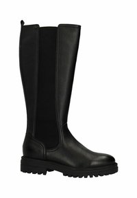 Black knee-high boots with a smooth leather front and textured side panels. Chunky sole for traction, featuring a slight heel.