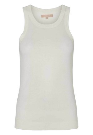 Ribota tank top off-white spalvos, su apvaliu iškirptės ir plačiomis petnešomis. Minkšta medžiaga, prigludęs siluetas, be matomų akcentų.