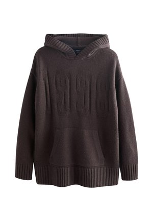 Hoodie marron foncé en tissu tricoté texturé. Dispose d'une poche avant, de poignets côtelés et d'un design en relief "1996" sur le devant.