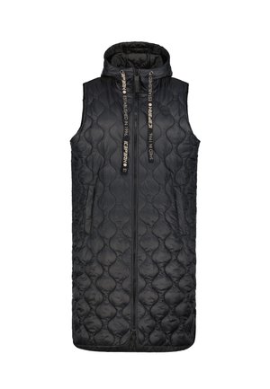 Gilet nero trapuntato senza maniche con cappuccio, zip anteriore e cordini stampati con testo, con tasche laterali e motivo strutturato.