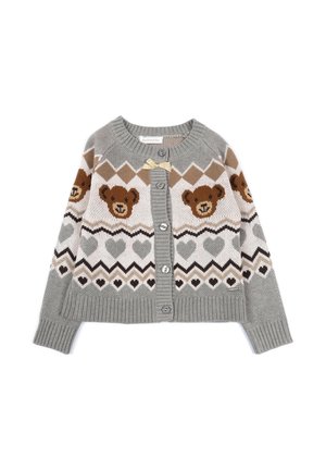 Cardigan grigio in maglia per ragazze con volti di orso marrone, cuori, motivi a zigzag e un piccolo fiocco giallo vicino al bottone superiore.