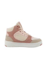 High-top sneaker in pink suede and corduroy with white rubber sole. Features lace-up front and textured panels on sides for detail.