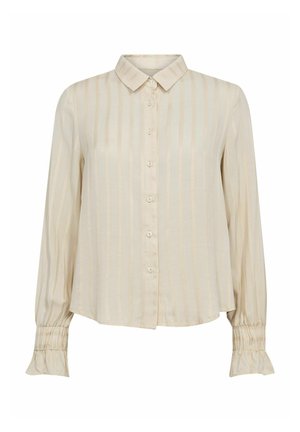 Krema barvana bluza z navpičnimi črtami, dolgimi rokavi, ovratnikom, zapenjanjem na gumbe spredaj in nabranimi manšetami. Gladek tekstura.