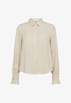Cremefarbene Bluse mit vertikalen Streifen, langen Ärmeln, Hemdkragen, durchgehender Knopfleiste und gerafften Manschetten. Glatte Textur.