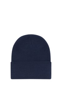Gorro de punto de color azul marino con vuelta, suave y cálido, adecuado para climas fríos.