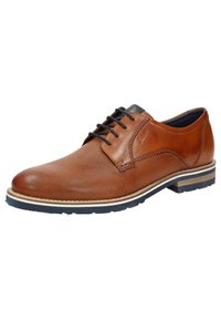 Scarpa in pelle marrone con lacci, texture perforata, punta rotonda e suola blu scuro; presenta accenti neri a contrasto sul tallone.