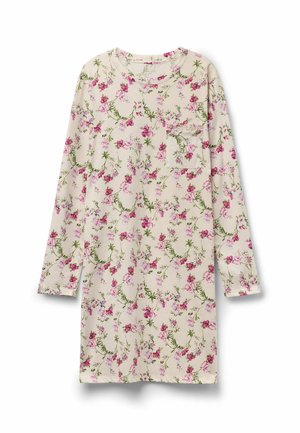 Crèmewitte jurk met lange mouwen, roze en groene bloemenprint en een klein borstzakje op een witte achtergrond.