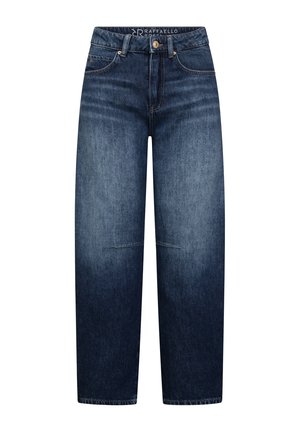 Dark blue straight-leg denim jeans with front pockets, belt loops, and a button closure at the waist.