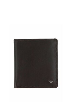 Portefeuille en cuir brun foncé, à deux volets, avec des coutures visibles et un petit logo métallique en relief dans le coin inférieur droit.