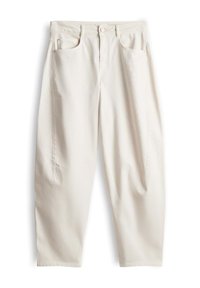 Pair of off-white, high-waisted, wide-leg jeans with front button, zipper fly, and five pockets, laid flat on a white background.