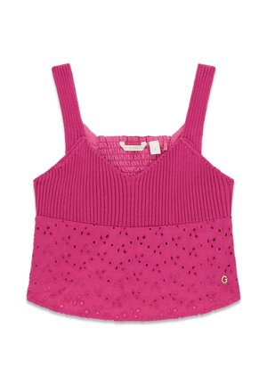 Haut rose sans manches avec un haut en tricot côtelé et un tissu brodé à œillets sur la moitié inférieure, doté de larges bretelles et d'un petit logo métallique "G".