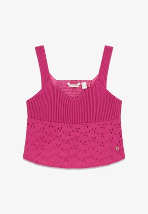Różowy top bez rękawów z prążkowanym górnym splotem i haftowanym materiałem z oczkami na dolnej połowie, wyposażony w szerokie ramiączka oraz małe metalowe logo "G".