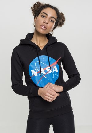 Black hoodie featuring a large blue NASA logo with white lettering and red accents. Made from soft fabric with a relaxed fit and front pocket.