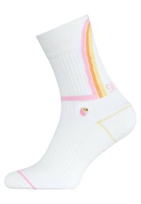 Weiße Knöchelsocken mit vertikalen Streifen in Pink, Orange und Gelb; gerippte Textur; kleines gesticktes Papagei-Detail in der Nähe des Knöchels.