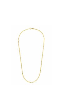 Gouden ketting met verlengde schakels, met een gladde textuur en een veerring sluiting. Het ontwerp is minimalistisch en geometrisch.