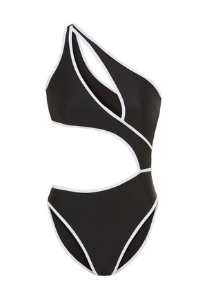 Costume da bagno nero con spalla scoperta, con rifiniture bianche che delineano il design asimmetrico e un'apertura in vita.