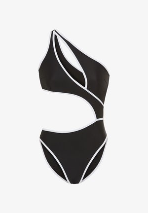 Musta, yhden olkapään leikkauksella varustettu uimapuku, jossa on valkoinen reunus, joka korostaa epäsymmetristä muotoilua ja vyötärön leikkaustietoa.