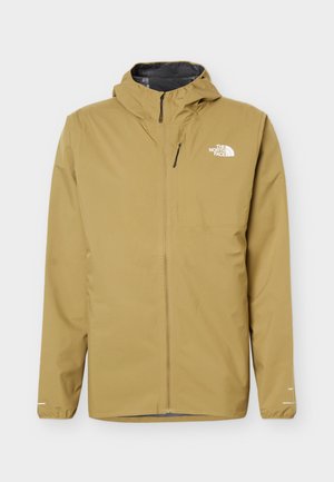 Beige vanntett jakke med hette, frontglidelås, brystlomme, elastiske mansjetter og The North Face-logo på venstre bryst.