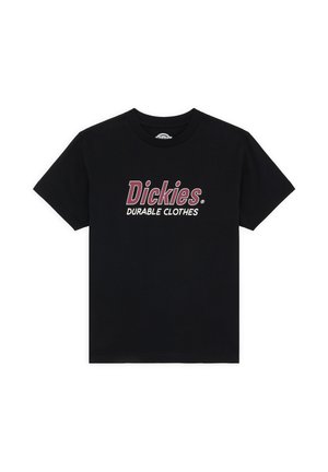 Camiseta de algodón negra con un destacado texto de logo en blanco y granate "Dickies DURABLE CLOTHES" en el centro. Diseño clásico de cuello redondo.