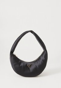 Geantă hobo din satin negru cu formă curbată, prevăzută cu închidere cu fermoar și accent logo triunghiular. Textură netedă și design minimalist.