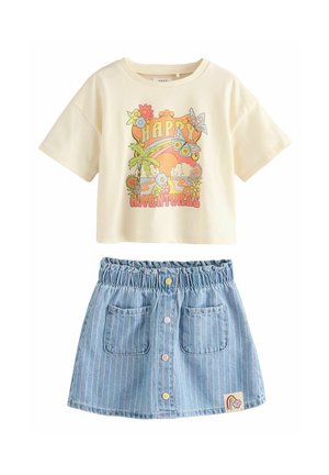 Short-sleeve cream T-shirt with colorful graphic saying "HAPPY ADVENTURES" above a denim-style skirt with blue stripes and multicolored buttons.