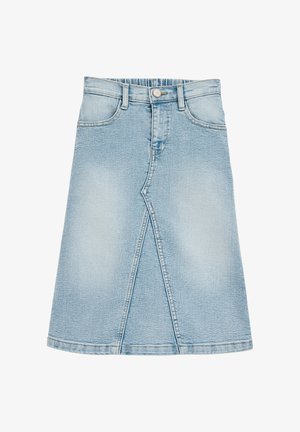 Világoskék farmer szoknya elülső hasítékkal, öt övbújtatóval, fémből készült gombos záródással és klasszikus varrással.