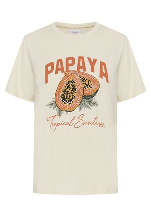 Beżowa koszulka z krótkim rękawem z grafiką połówki papai, dużym napisem "PAPAYA" u góry oraz napisanym kursywą tekstem "Tropical Sweetness" poniżej.