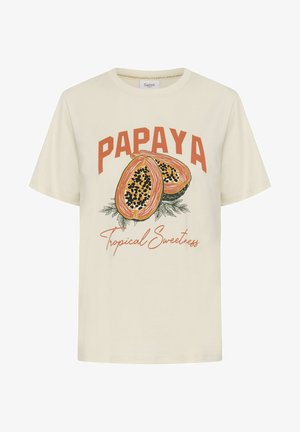 Beige short-sleeve T-shirt with graphic of halved papaya, large "PAPAYA" text above, and "Tropical Sweetness" script below.