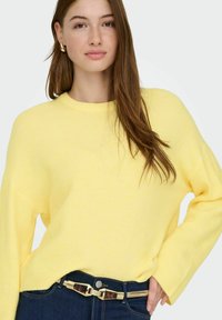 Pull jaune en maille avec un col rond et une coupe ample, associé à un jean en denim foncé avec une ceinture à motifs. Texture lisse.