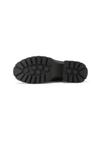 Suola di scarpa in gomma nera, caratterizzata da un design con battistrada spesso, con motivi esagonali e scanalature profonde per aderenza e durata.