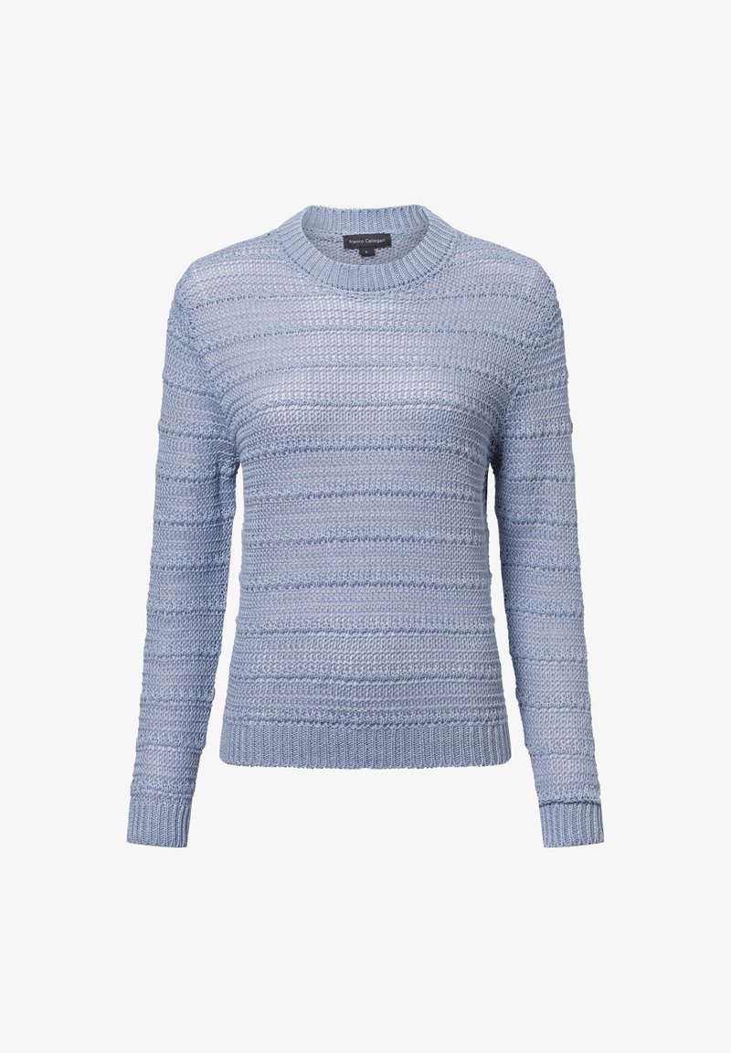 Hellblau gestrickter Pullover mit rundem Halsausschnitt, strukturiertem Streifenmuster und gerippten Bündchen und Saum. Lange Ärmel, weiches Material.