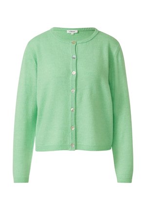 Jasnozielony dzianinowy kardigan z długimi rękawami, okrągłym dekoltem i siedmioma białymi guzikami z przodu.