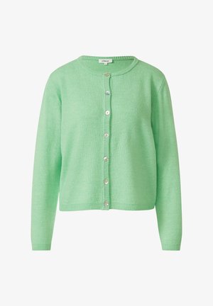 Jasnozielony dzianinowy kardigan z długimi rękawami, okrągłym dekoltem i siedmioma białymi guzikami z przodu.