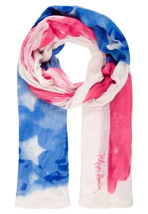 Lightweight scarf with tie-dye pattern in blue, pink, and white, featuring white star shapes and "Hilfiger Denim" text in pink.