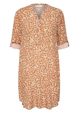 Ziedu kleita ar V veida kakla izgriezumu un trim ceturtdaļas piedurknēm, ar gaiši oranžu un krēmkrāsu rakstu un zaļiem akcentiem. Viegls audums, brīvs piegriezums.