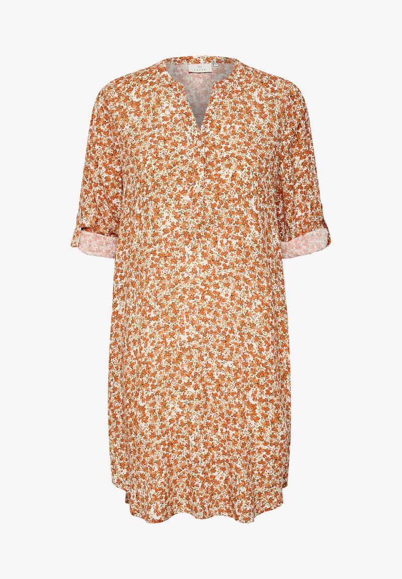 Blomstret kjole med V-udskæring og trekvartærmer, prydet med et lyst orange og creme mønster med grønne detaljer. Letvægtsstof, løstsiddende pasform.