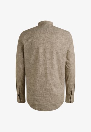 Langarmshirt van lichtbruin stof, met een gestructureerd patroon, knoopmanschetten en een klassieke kraag. Achteraanzicht toont een rechte zoom.